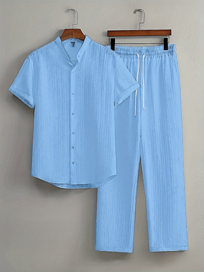 Casual 2pcs Set: Short Sleeve Stand Collar Shirt + Tie Straight Leg Pants, Suitable for Vacation Beach Outdoor Leisure Party