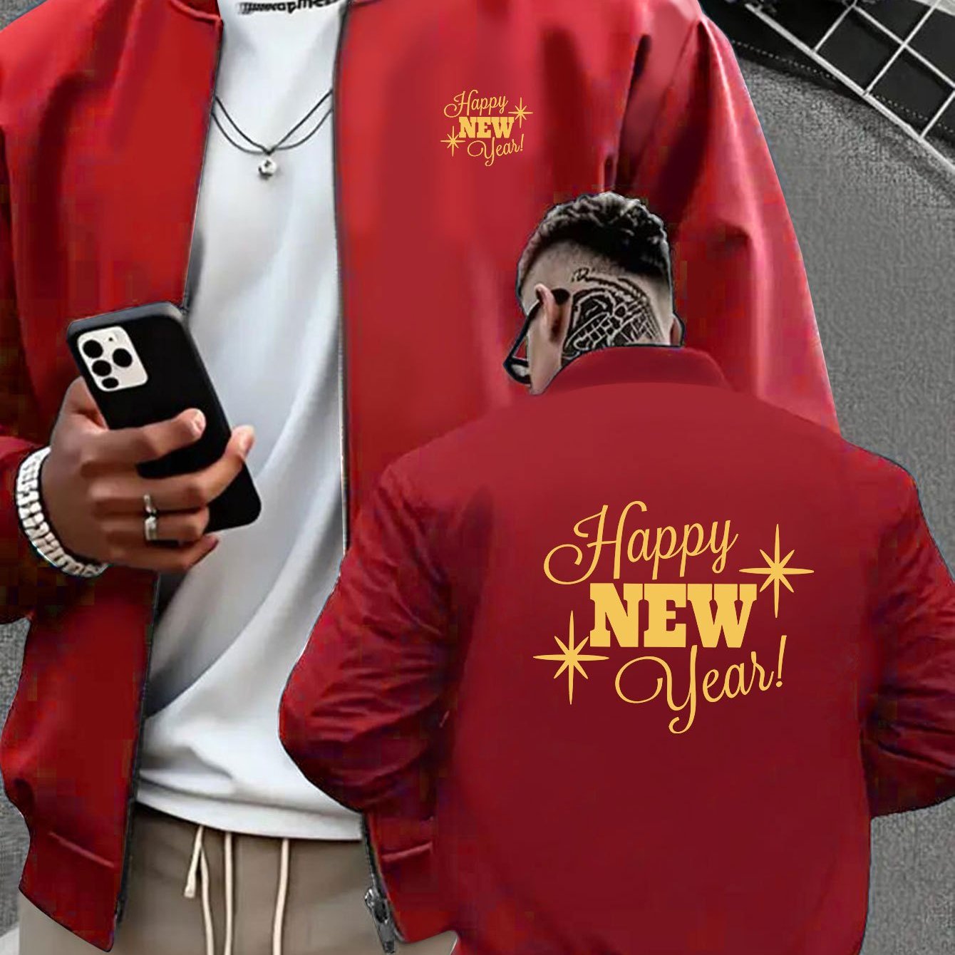 Men's Navy Blue Full-Zip Casual Jacket with Golden Happy New Year Print & Golden Glitter Lettering - Full-Zip Closure, Machine Washable, Regular Fit Winter Coat for Parties, Casual Attire & New Year's Eve Outfits - Stylish Ou