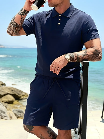 Men's Breathable Linen Polo Shirt & Shorts Summer Set