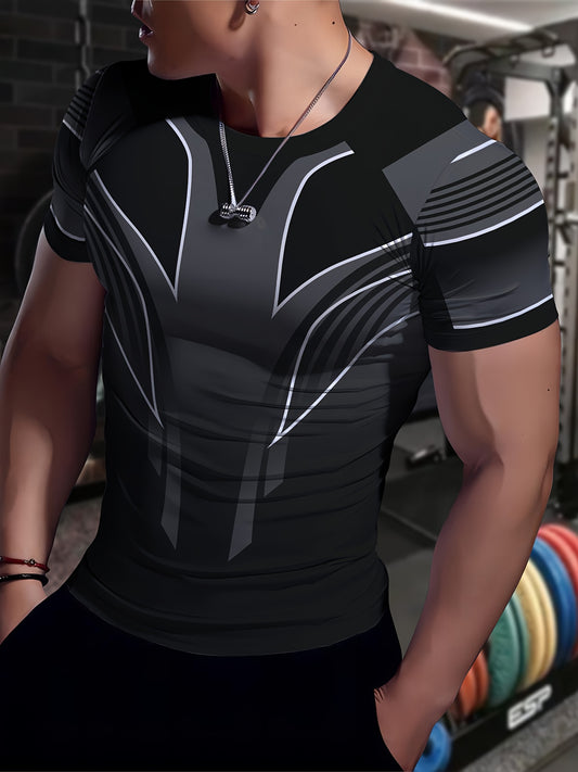Men'S Slim Fit Breathable T-Shirt with Intricate Black  White Geometric Print - Moisture-Wicking Polyester-Spandex Blend, Machine Washable, Round Neck Short Sleeve for Summer Casual Wear, Gym, Hiking  Outdoor Activities