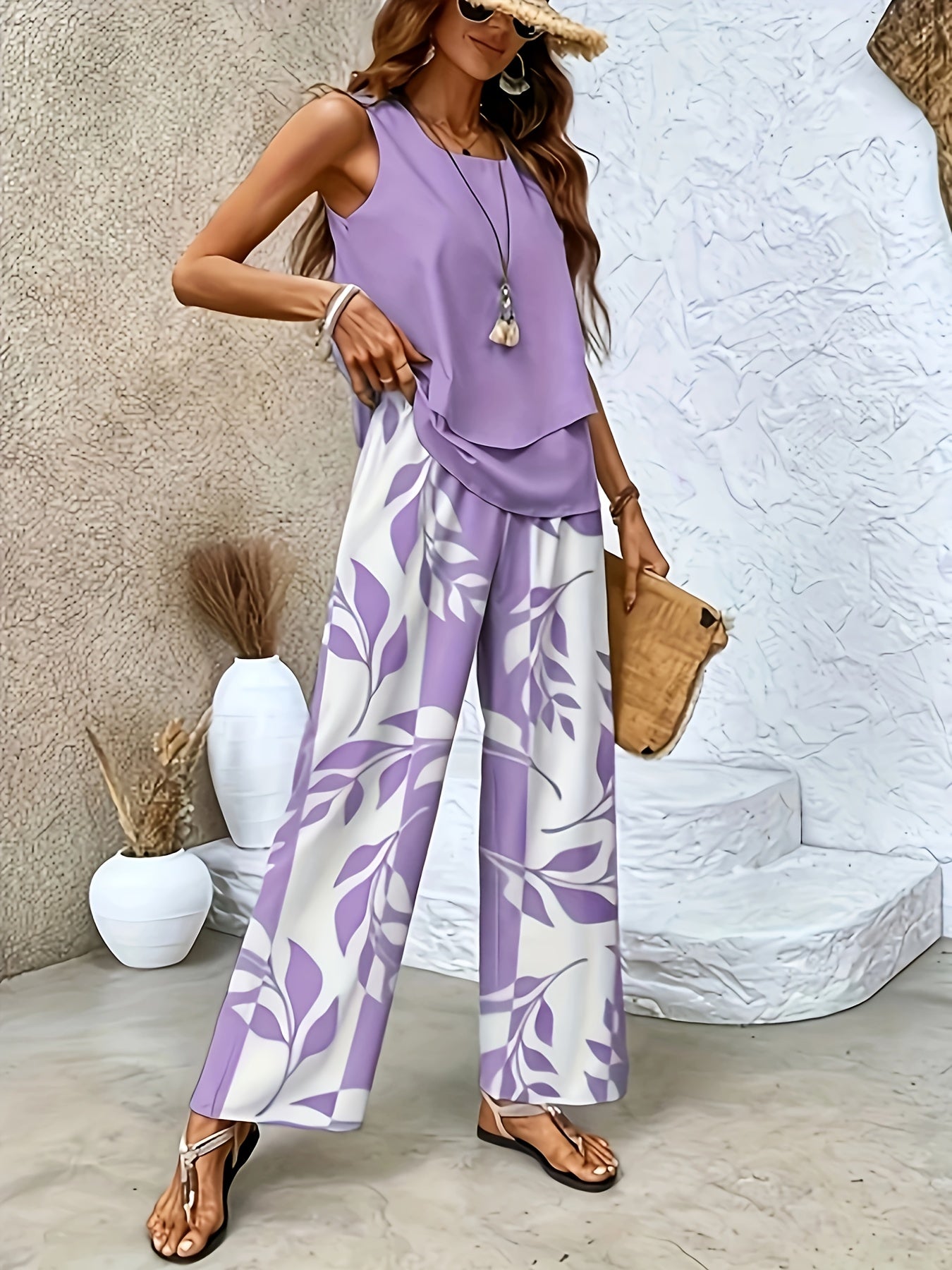 Elegant Sleeveless Cardigan and Floral Pants Set for Spring
