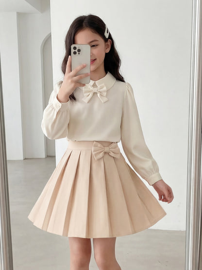 Girls' Elegant Apricot Puff Sleeve Shirt & Pleated Skirt Set