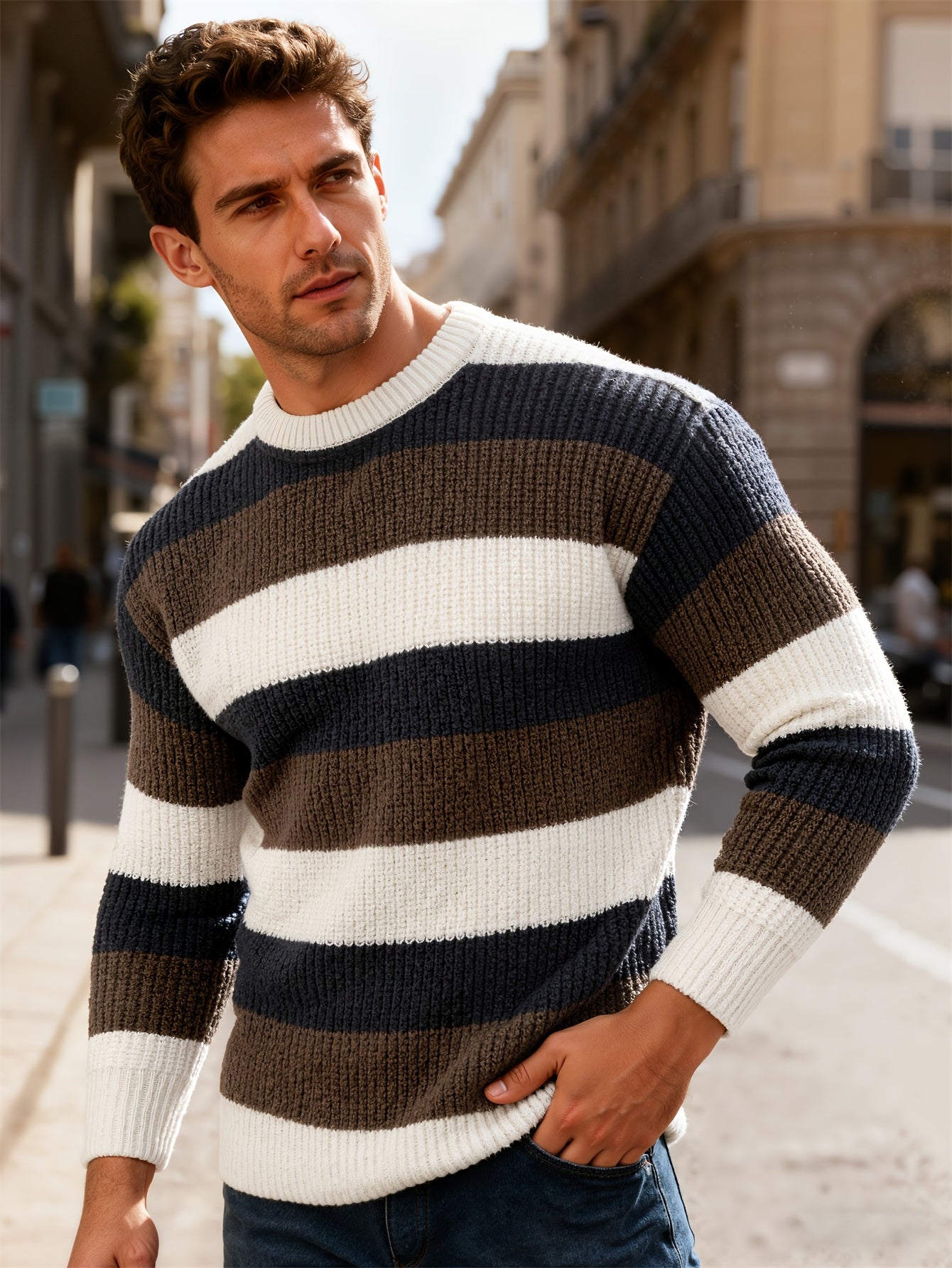 JNBLDA Chic Striped Knitted Sweater, Men's Casual Warm Stretch Round Neck Pullover Sweater for Fall Winter