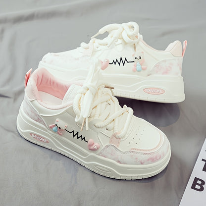Women's White Mid-Top Sneakers with Bear  Heart Stripes Design - PU Cover  Upper, Thick Cushioned PVC Sole - Trendy Casual Shoes for All-Season Comfort