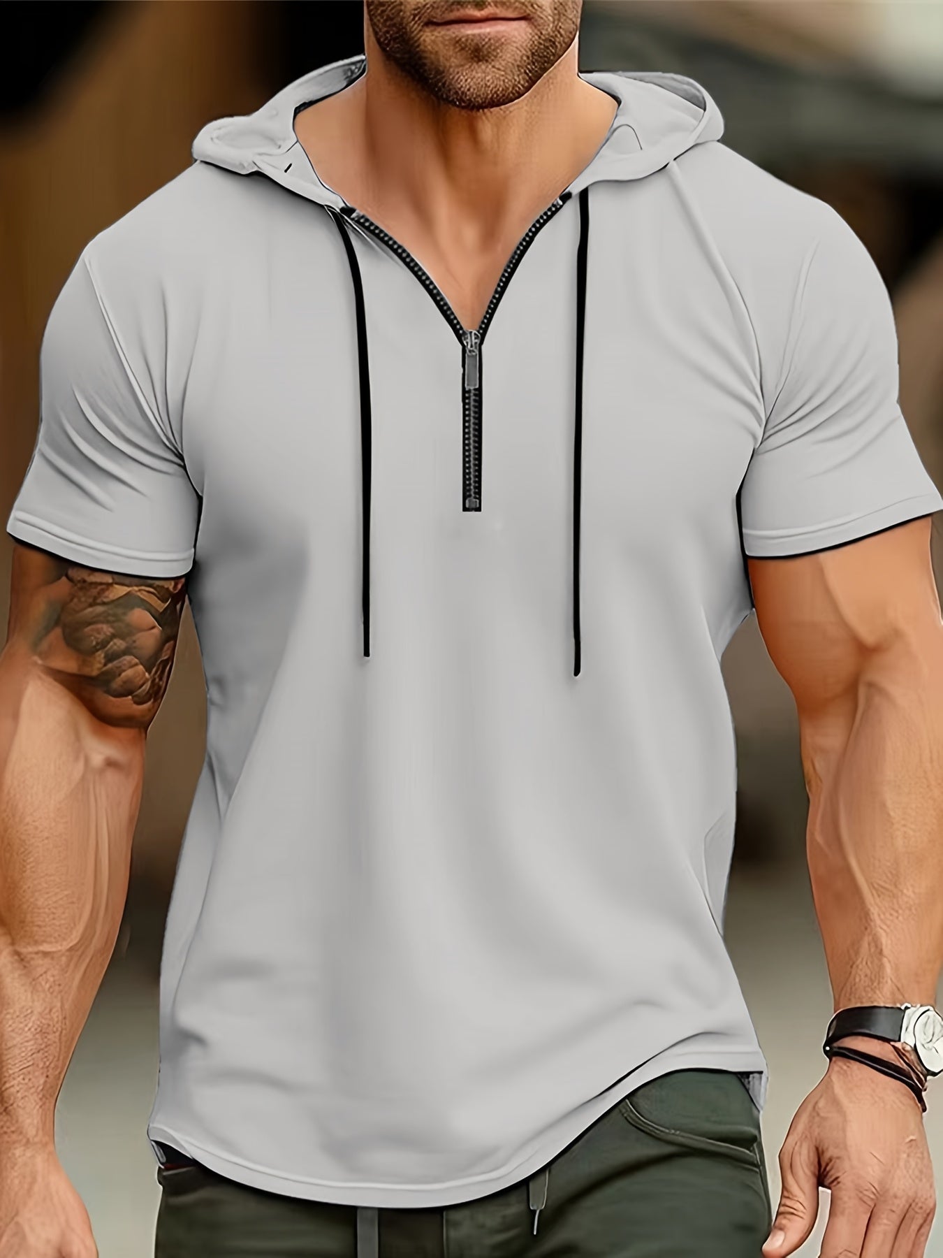 1pc Men's Light Blue Casual Hooded Short Sleeve T-Shirt with 1/4 Zipper, Breathable Stretch Fabric for Gym, Outdoor  Summer Wear, Gym Apparel, Stylish Contrast Detailing, Comfortable Fit