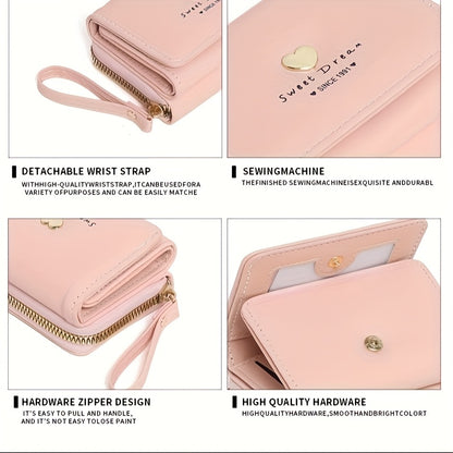 New Women'S Short Wallet, Cute Korean-Style Heart-Shaped, Large Capacity with Multiple Card Slots, Trendy Tri-Fold Design.