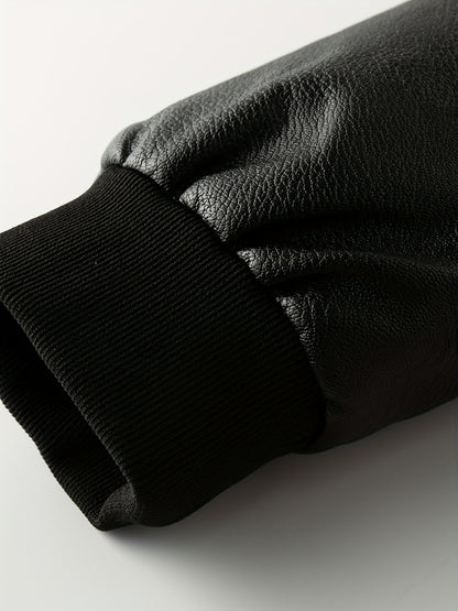 Men'S Faux Leather Bomber Jacket with Fleece Lining - Casual Motorcycle Style, Zip-Up, Long Sleeve, Drop Shoulder, Polyester Lining, Regular Fit, Outdoor & Hiking Wear, Outdoor Jacket | Bomber Jacket | Polyester Lined Jacket