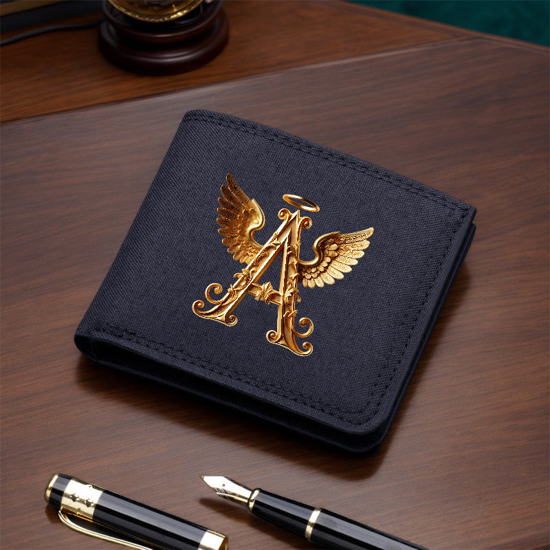 1pc Men's Short Canvas Initial Name Wallet, Zippered Denim Wallet for Men, Plain Ultra-Thin Letter Wallet for Men