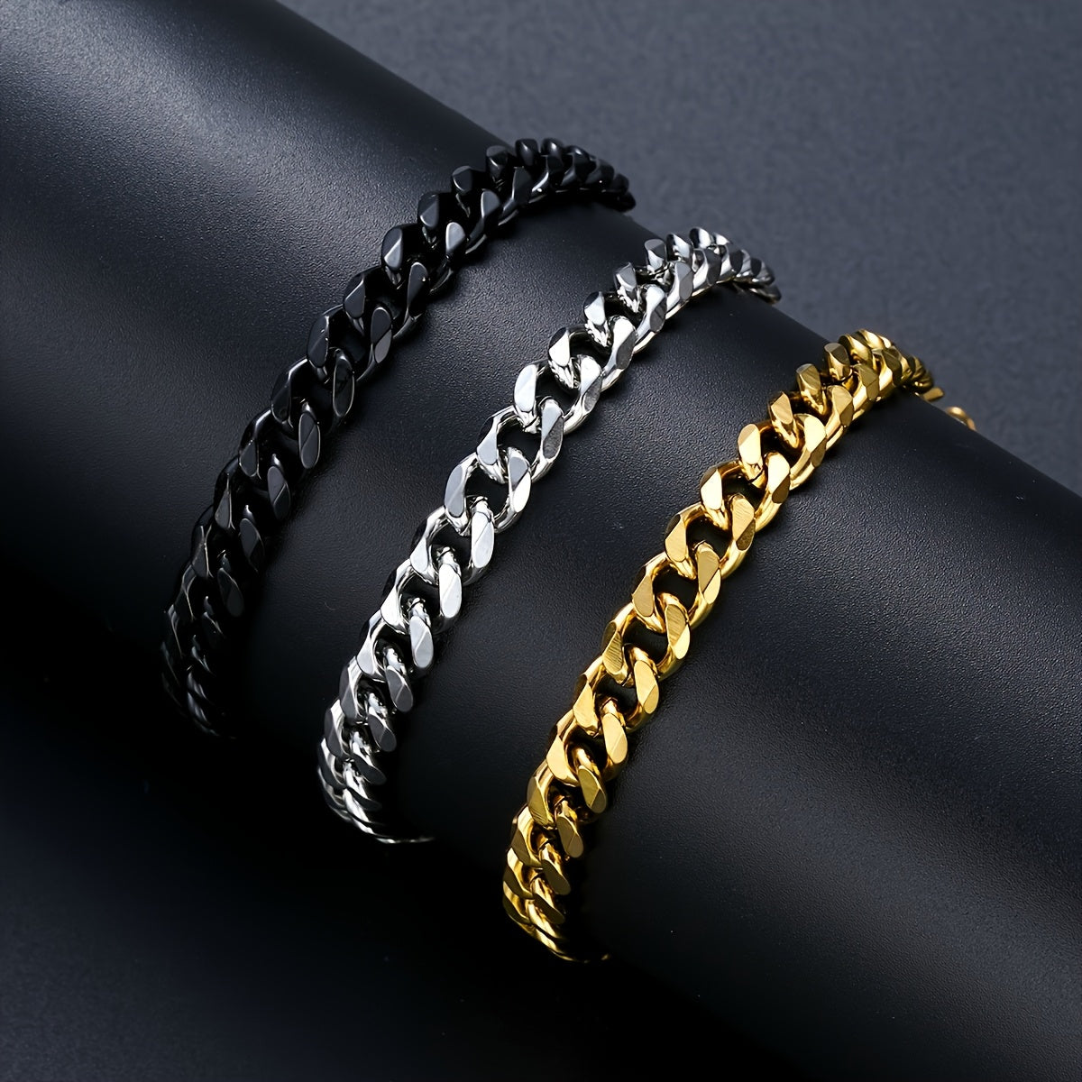 3pcs Set of Minimalist Hollow Titanium Stainless Steel Cuban Bracelets, Golden, Silvery, and Black Combo, Unisex, Perfect for Christmas, Valentine's Day, New Year, Ideal Gift for Boyfriend, Father, and Son