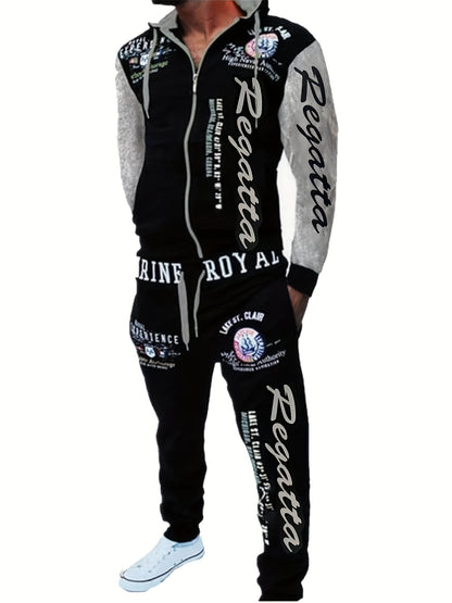 Men's Hooded Letter Print Tracksuit, 2pcs Casual Sports Set, Fashion Hoodie With Full-zip And Elastic-waist Pants, Regular Fit, Outdoor Cloth