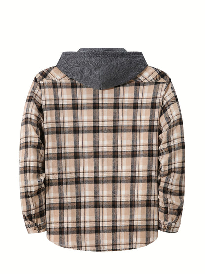 Plaid Shirt Coat For Men Long Sleeve Casual Regular Fit Button Up Hooded Shirts Jacket