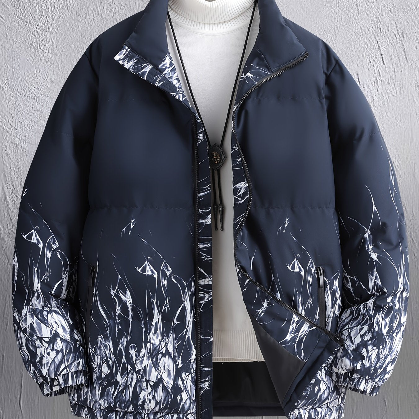 Men'S Heavyweight Winter Jacket - Full-Zip Hooded Coat with Stand Collar, Navy Blue Cold Weather Outerwear, Polyester Insulated Jacket for Everyday & Formal Events, Non-Stretch Fabric, Zipper Closure, Winter Coats, Formal Eve