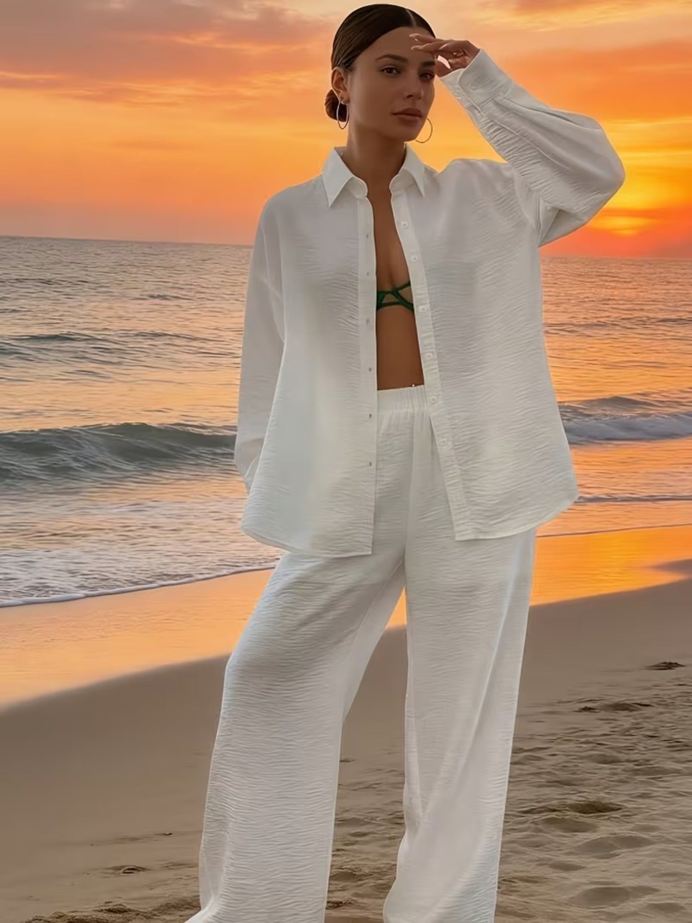 Women’s Elegant White Vacation Set: Long-Sleeve Shirt & Wide-Leg Pants