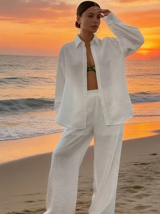 Women’s Elegant White Vacation Set: Long-Sleeve Shirt & Wide-Leg Pants