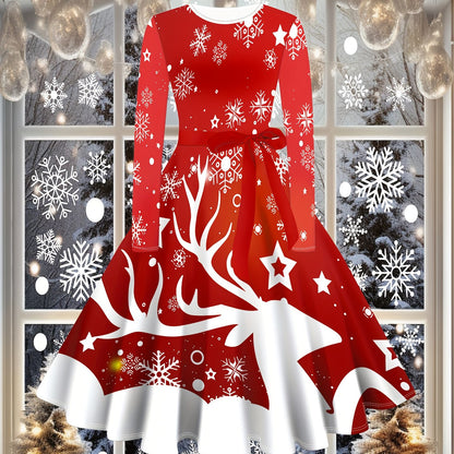 Women's Red & White Poinsettia & Deer Print A-Line Floor-Length Dress with A-Line Hem - Winter Red & White Snowflake Print with Ruffled Neckline & Belted Waist - Machine Washable Elegant Party Wedding Christmas New Year's Eve