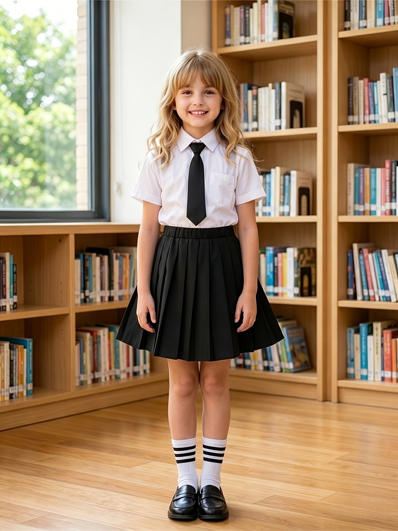Girls' Summer Preppy Uniform Set with Pleated Skirt and Short Sleeve S