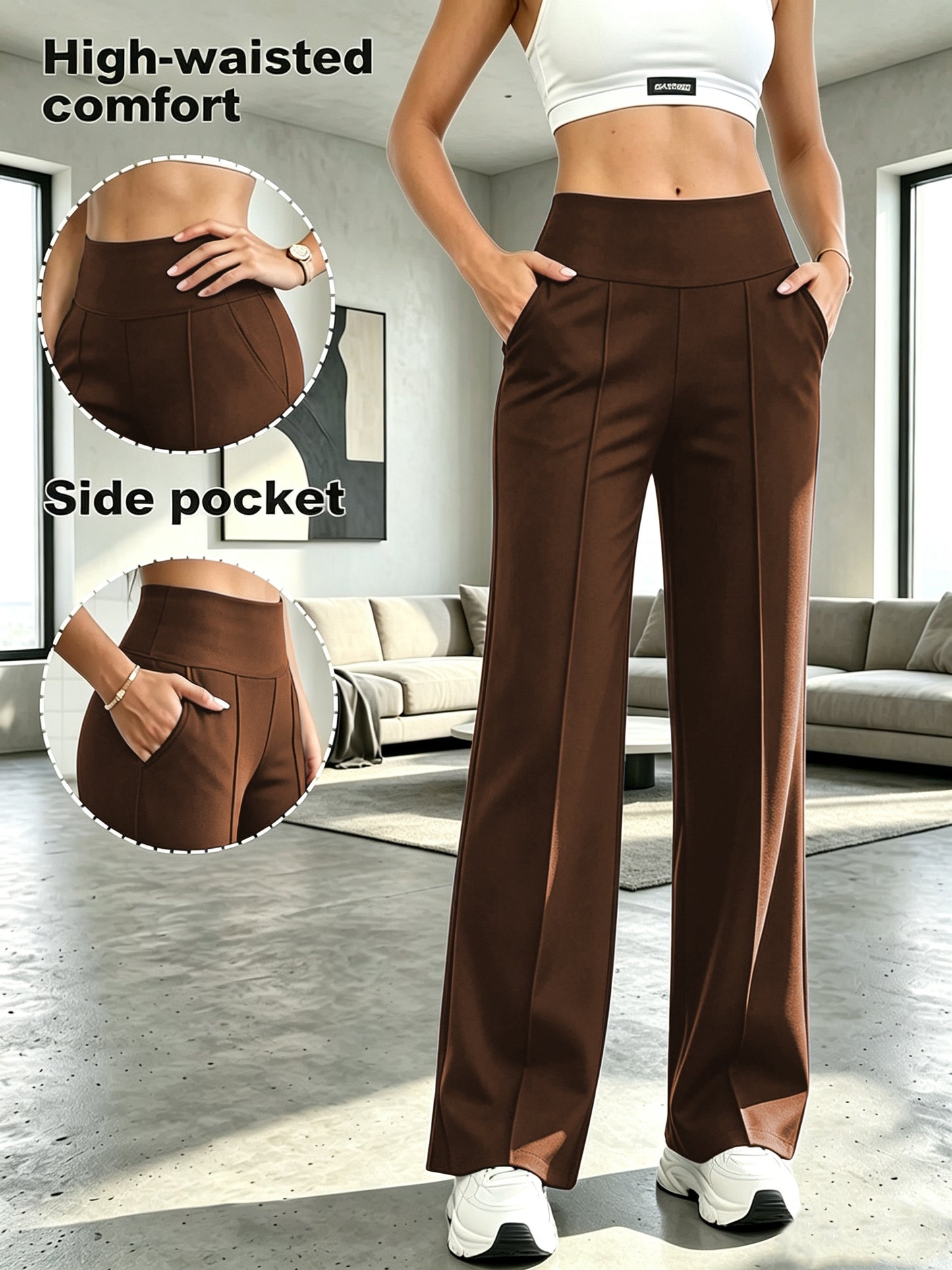Women's High-Waist Tummy Control Wide-Leg Pants with Pockets