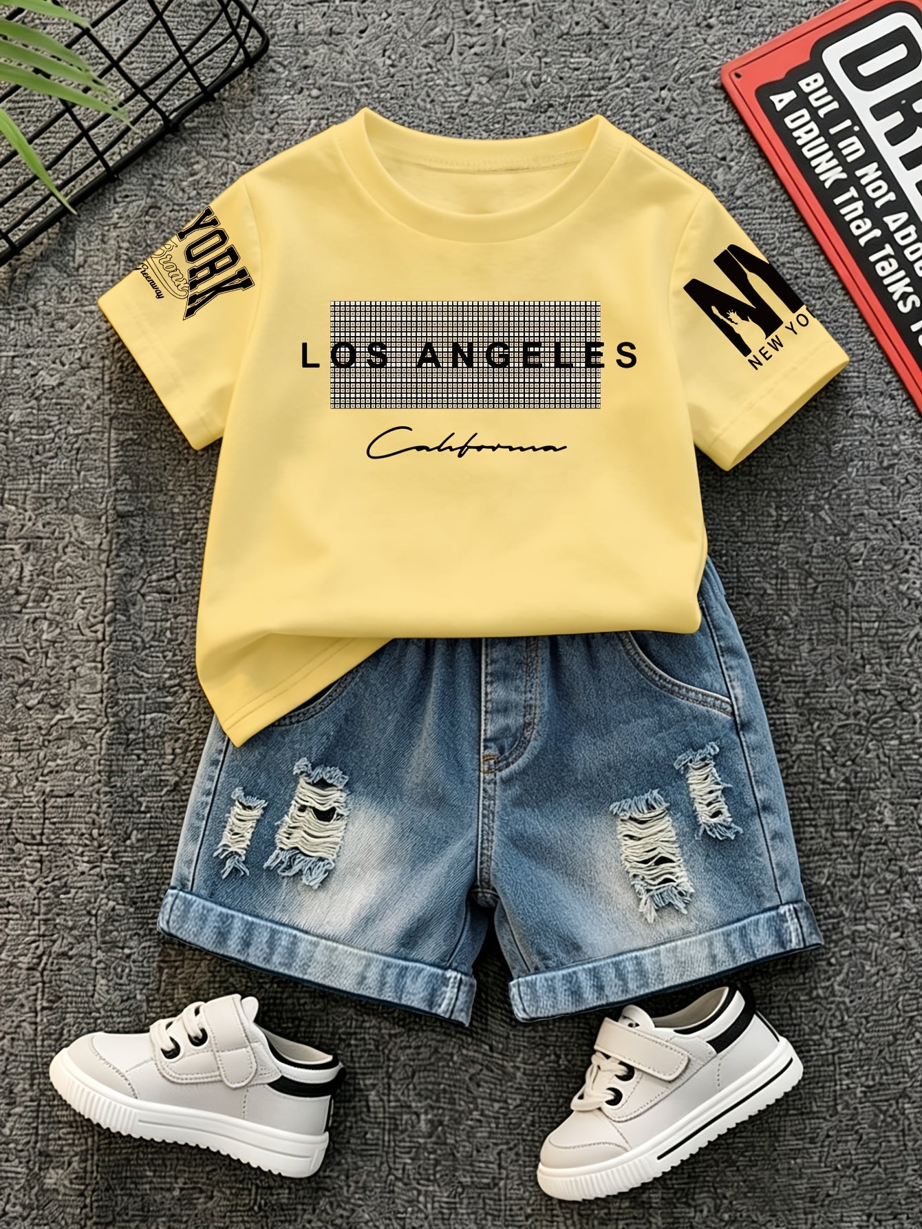 Summer Boys Los Angeles Print T-Shirt & Distressed Shorts Set