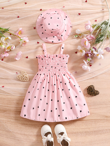 Girls' Sleeveless Heart-Print Dress & Hat Set for Summer 0-3 Years