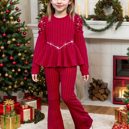 Young Girl Fashion Casual Solid Color Striped Beaded Pleated Shoulder Long Sleeve Round Neck V-Neck Mid-Rise Pullover with Matching Elastic Waist Flared Pants for, for Outdoor