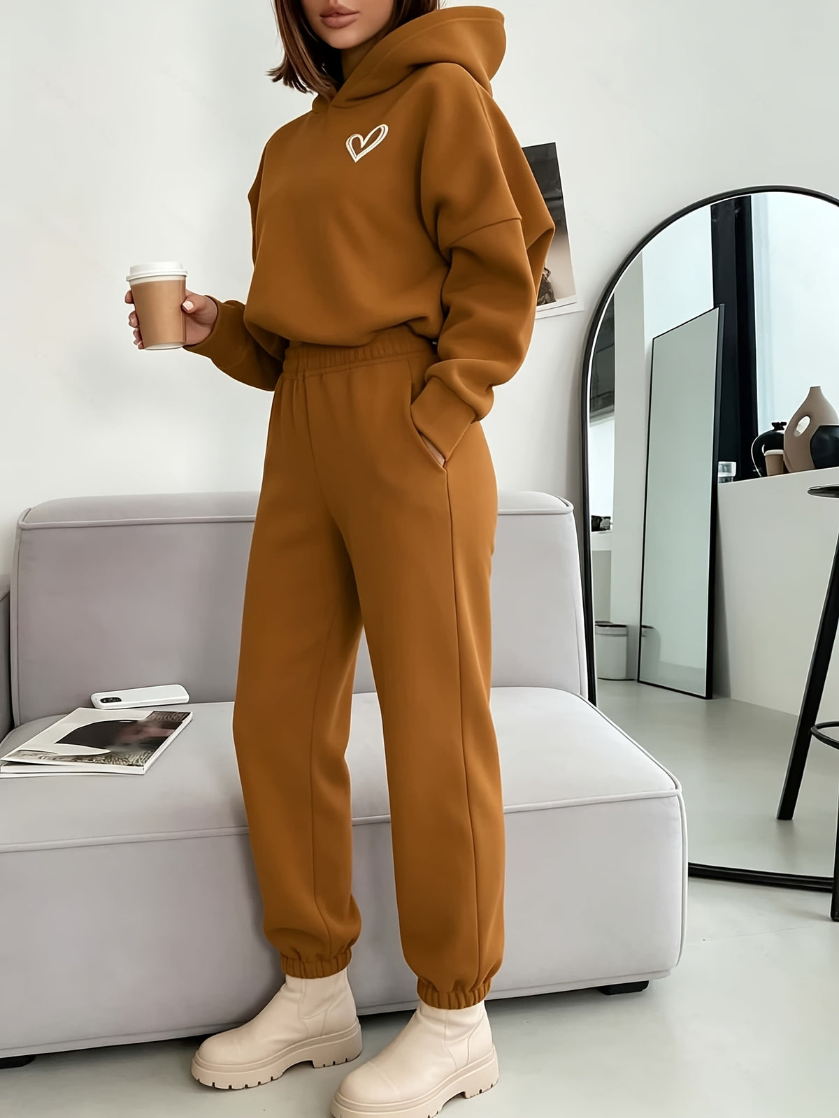 Women's Casual Hooded Sweatshirt & Pants Set with Heart Print - ayq