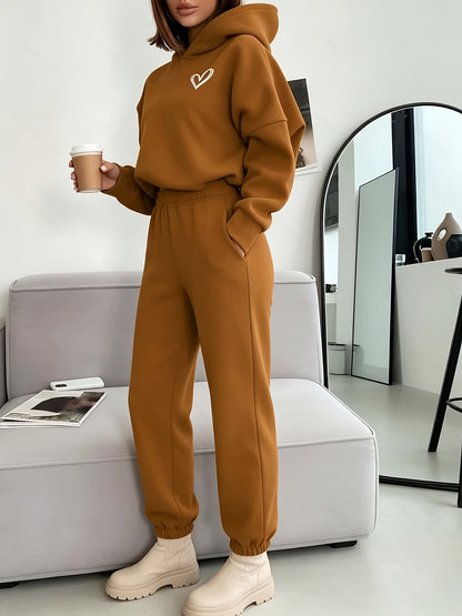 Women's Casual Hooded Sweatshirt & Pants Set with Heart Print - ayq