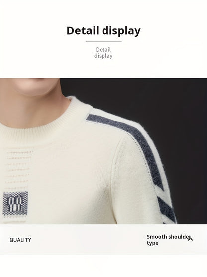 This Thick, Round-Neck Long-Sleeve Sweater for Men Features a Soft And Comfortable Design with Stylish Striped Edges, Perfect for Outdoor Gatherings And Everyday Wear, And Can Be Layered