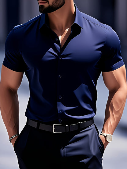 Men's Casual Navy Blue Short-Sleeve Polyester Shirt