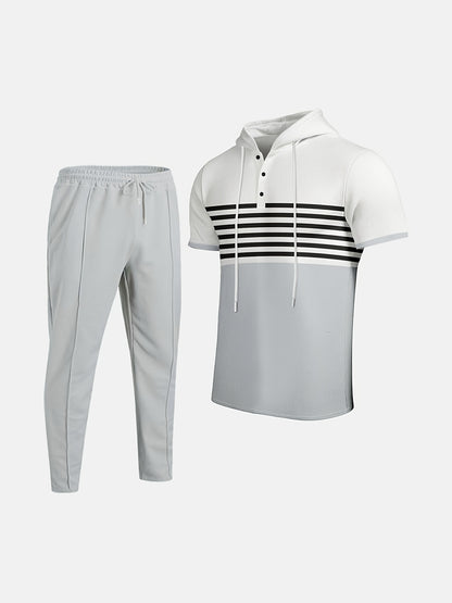 Men'S Summer Casual Sportswear Set, Striped Patchwork Short Sleeve, Polyester Material, Suitable for Leisure and Sports Outings, Fashionable and Trendy, with Drawstring Belt and Pockets, Ideal for Summer Activities, Hooded Sh