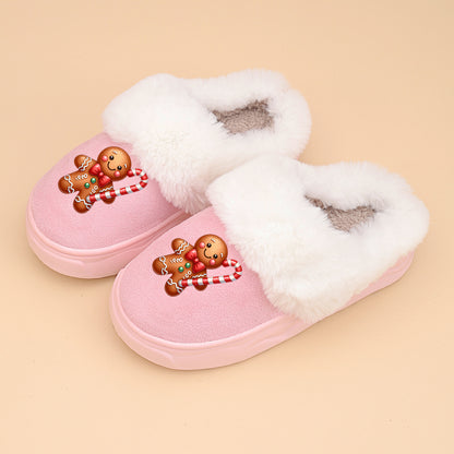 ' Winter Warm Plush Slippers with Gingerbread for Man & Candy Cane Strap - Soft Sole Low-Top Indoor/Outdoor House Shoes for &, Pink//Beige (Unisex Snowflake Booties), for Teenager
