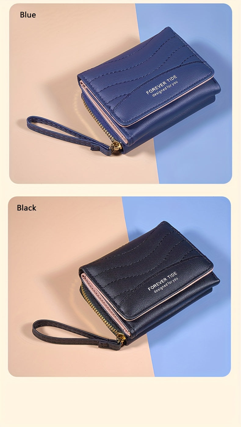 2024 New Women'S Short Wallet, Korean Style Zippered Coin Purse, Simple Design, Tri-Fold Multifunctional Faux Leather Card Holder.