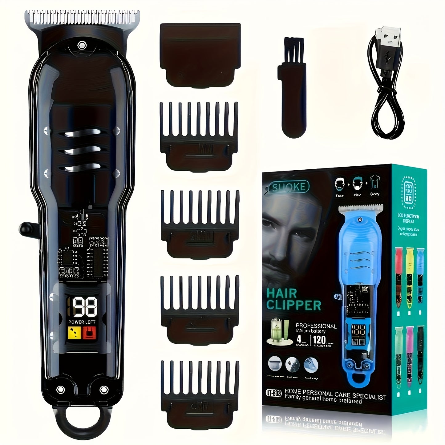 Professional Cordless Hair Clipper with Digital Display | Transparent Barber Trimmer with 4 Limiting Comb, USB Rechargeable, High-Quality, ABS Plastic Body, for Salon, Home, Travel