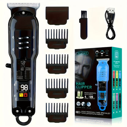 Professional Cordless Hair Clipper with Digital Display | Transparent Barber Trimmer with 4 Limiting Comb, USB Rechargeable, High-Quality, ABS Plastic Body, for Salon, Home, Travel