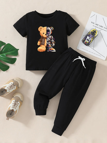 Boys' Casual Cotton T-Shirt and Pants Set with Doll Print