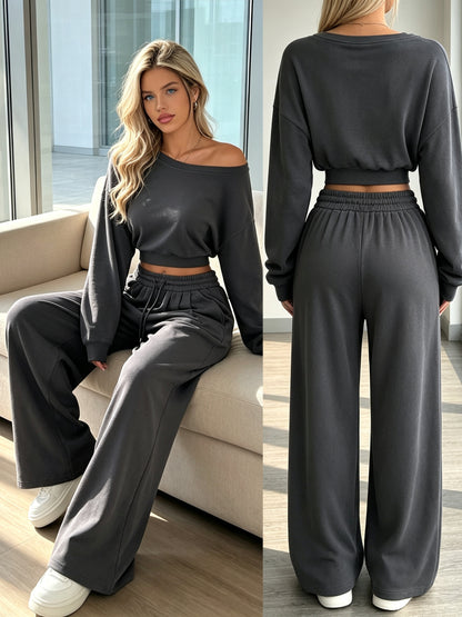 Women's Fall/Winter Off-Shoulder Sweatshirt & Wide-Leg Sweatpants Set - ayq