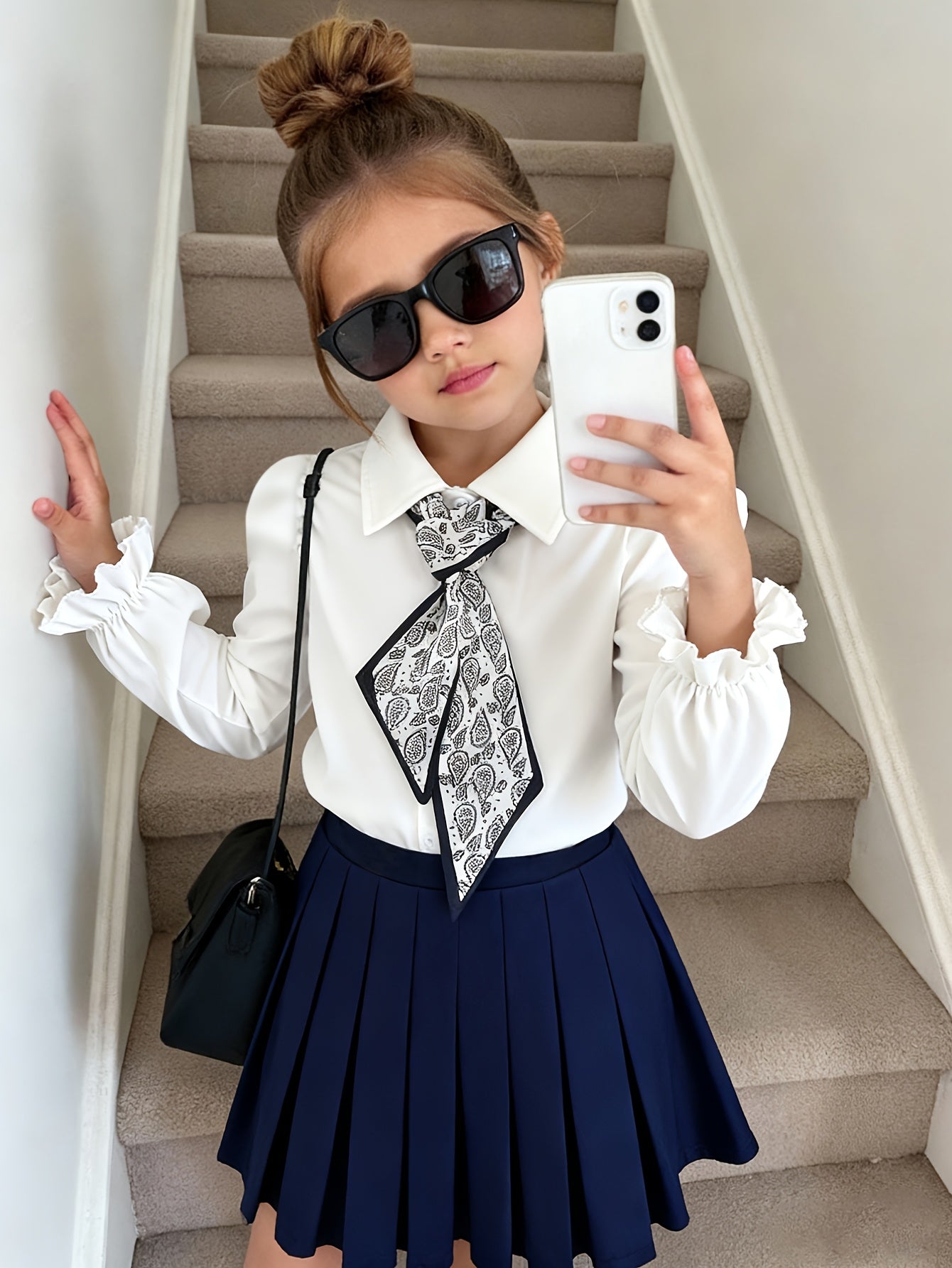 Girls' Preppy Long Sleeve Shirt & Pleated Skirt Set for Fall