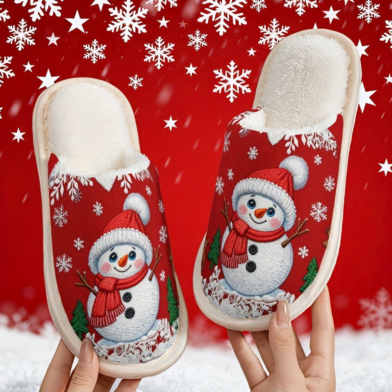 Cozy Fleece-Lined Slip-On Slippers with Snowman & Reindeer Design - Soft Fabric Upper, EVA Sole, Round Toe, Perfect for Fall/Winter, Unisex Couple Matching, Cute Slippers, Winter Footwear, Playful Design, Comfortable Footwear