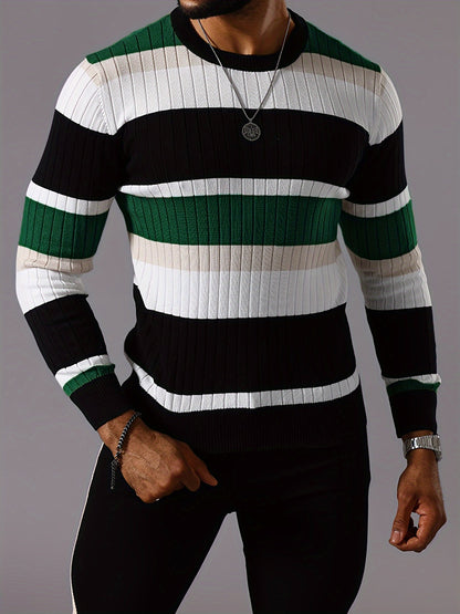 Men's Striped Color-Block Ribbed Knit Sweater - Long Sleeve Round Neck Pullover with Elastic Comfort Fit, Machine Washable Casual Fall Winter Top in Black/White/Green/Beige, Knit Sweater, Medium Elasticity