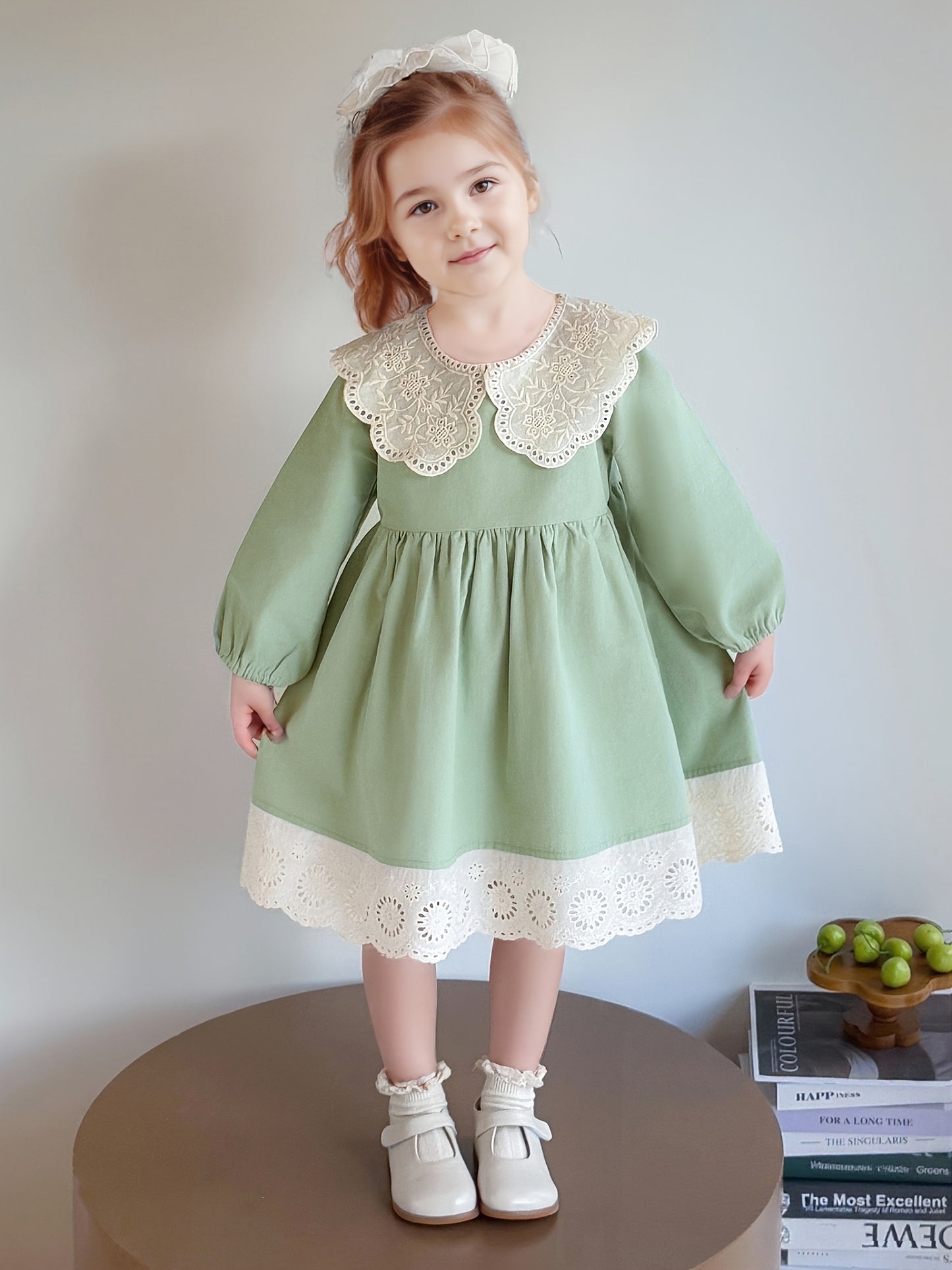 Girls' Spring/Fall Solid Color Cotton Dress with Lace Collar