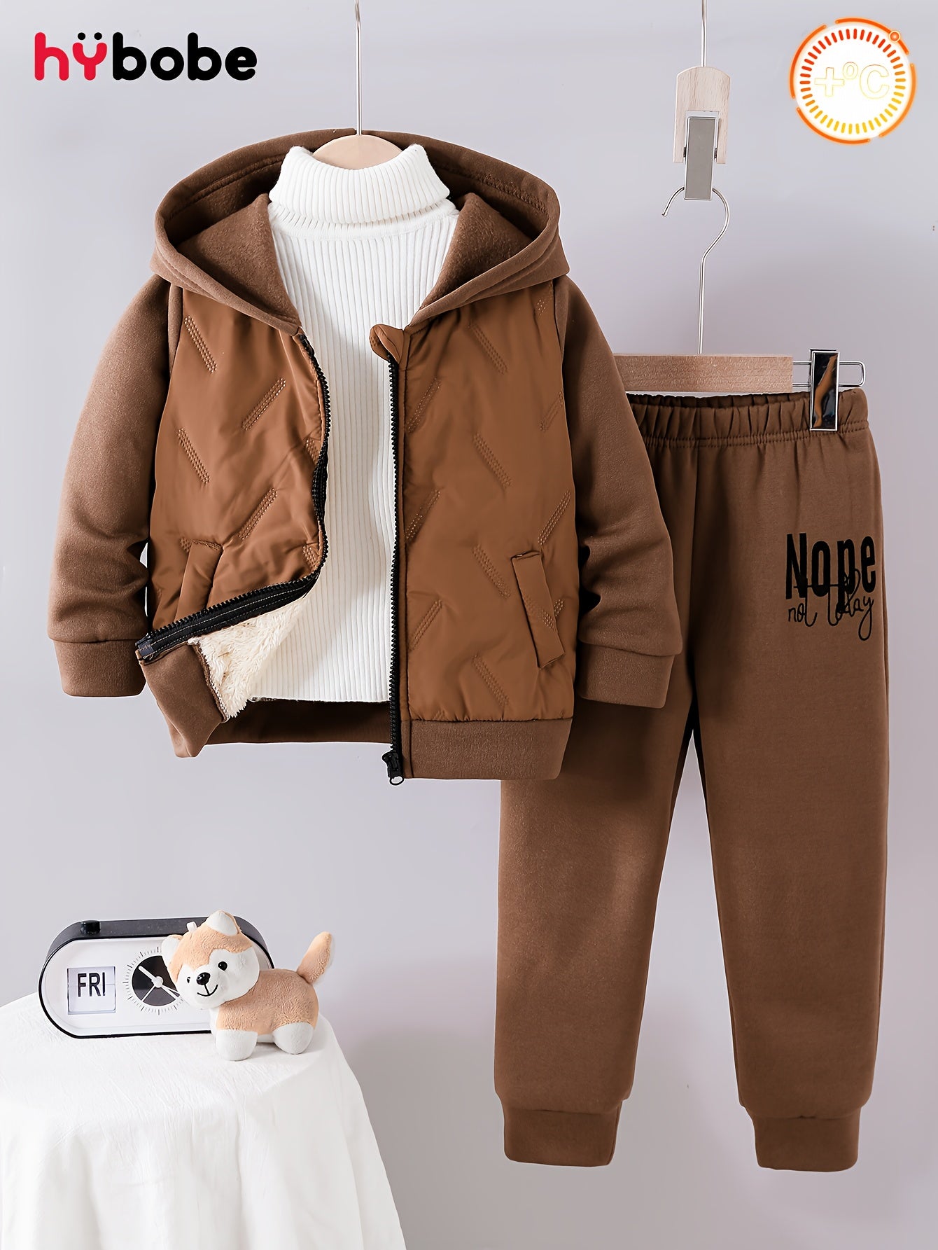 Boys' Fashion Set, Autumn/Winter Coffee Brown Hooded Lined Warm Jacket & Elastic Waist Velvet Pants with "ONPE‘" Letter Pattern - Casual Comfortable Thermal Sportswear Gift, Perfect for