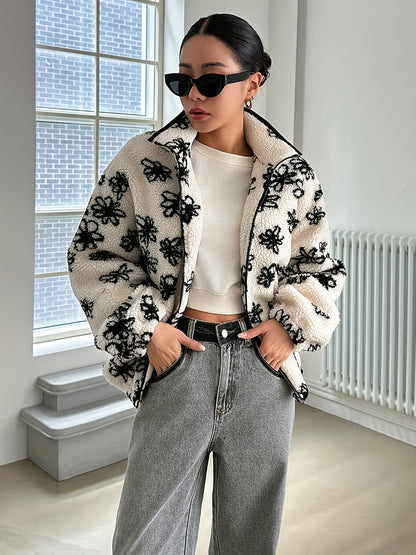 Women'S Cozy Fleece-Lined Floral Print Jacket - Casual Long Sleeve Zip-Up with Black & White Flower Design, Soft Warm Outerwear for Fall/Winter, Cozy Fall Wear | Floral Print Jacket | Zippered Jacket