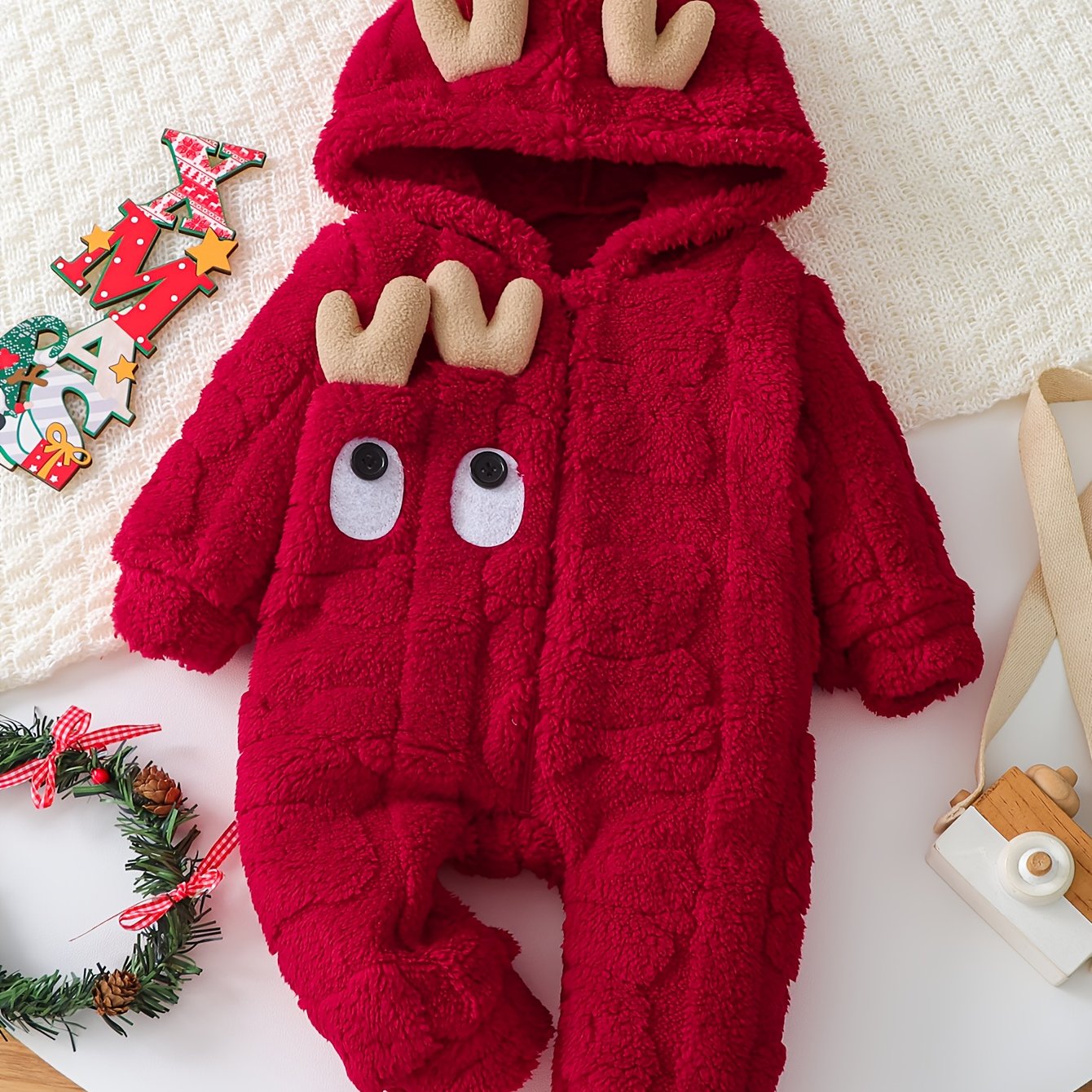 Boys & Winter Plush Hooded Romper Jumpsuit - Soft Zippered Full-Body Snow Suit with Antler, Machine Washable Warm Outfit for &, Cozy Red Baby Clothing, Perfect for Outdoor