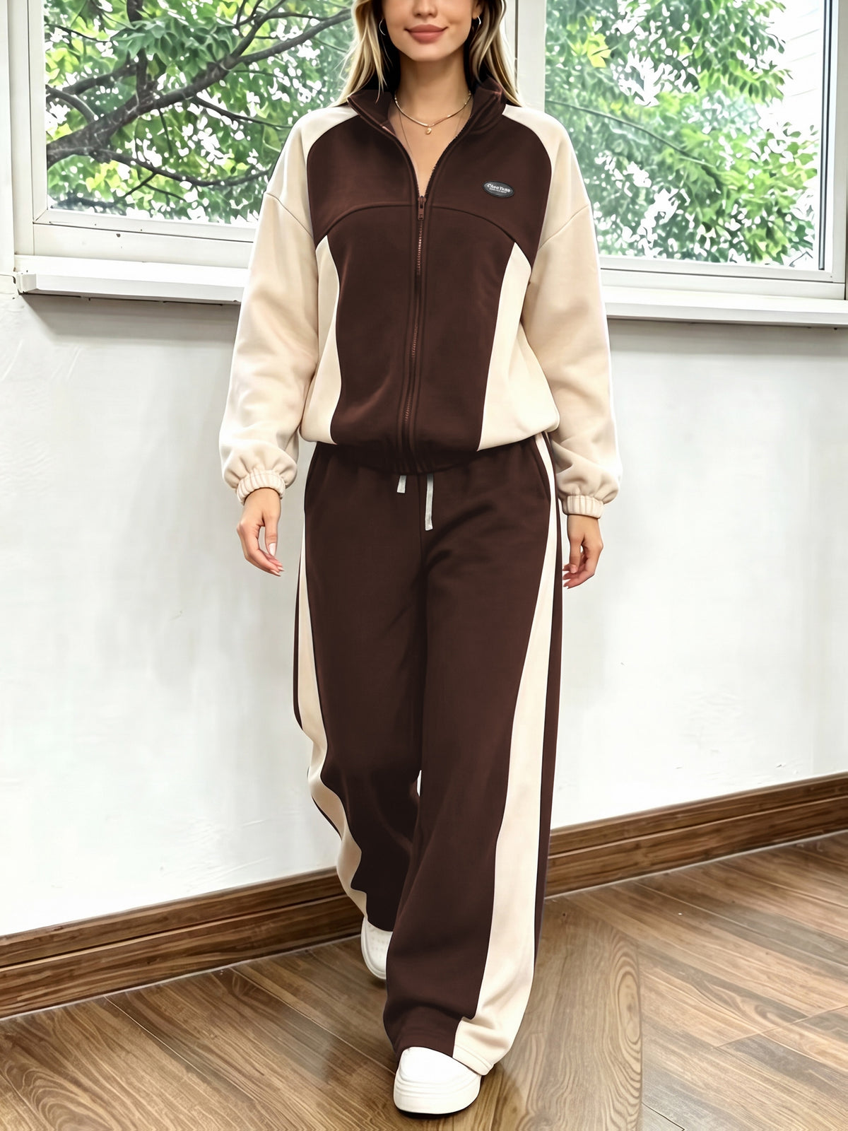 Casual Color Block Two-Piece Set with Loose Jacket & Wide-Leg Pants - ayq