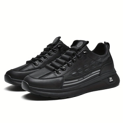 Men's Breathable Casual Sneakers - Comfortable, Versatile  Stylish Shoes for Running, Sports  Casual Attire, Black with White Accents, PU Upper  PVC Sole, Round Toe, Lace-Up Design, All-Season Use