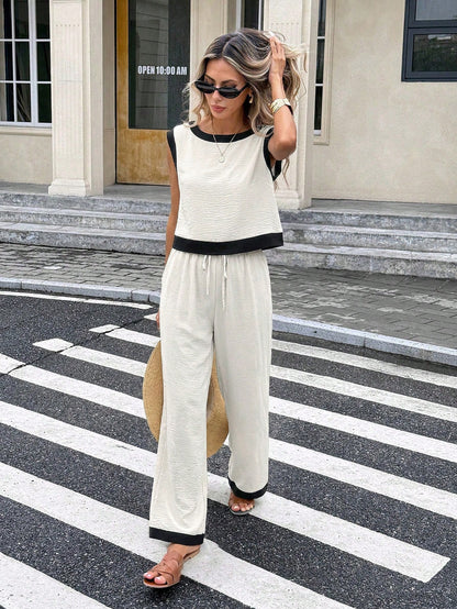 Women's Sleeveless Color-Block Tank Top & Wide-Leg Pants Set