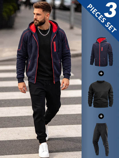 Men's Casual 3-Piece Set: Hooded Jacket, Sweatshirt & Joggers