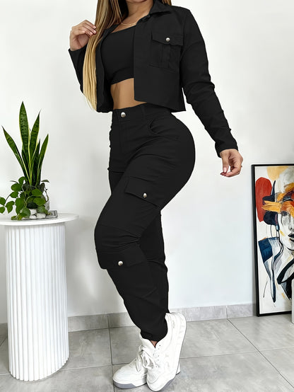 Versatile Multi-pocket Casual Workwear-style Fitted V-neck Cropped Shirt and American-style Wide-leg Pants Set, Women's 2pcs Suit