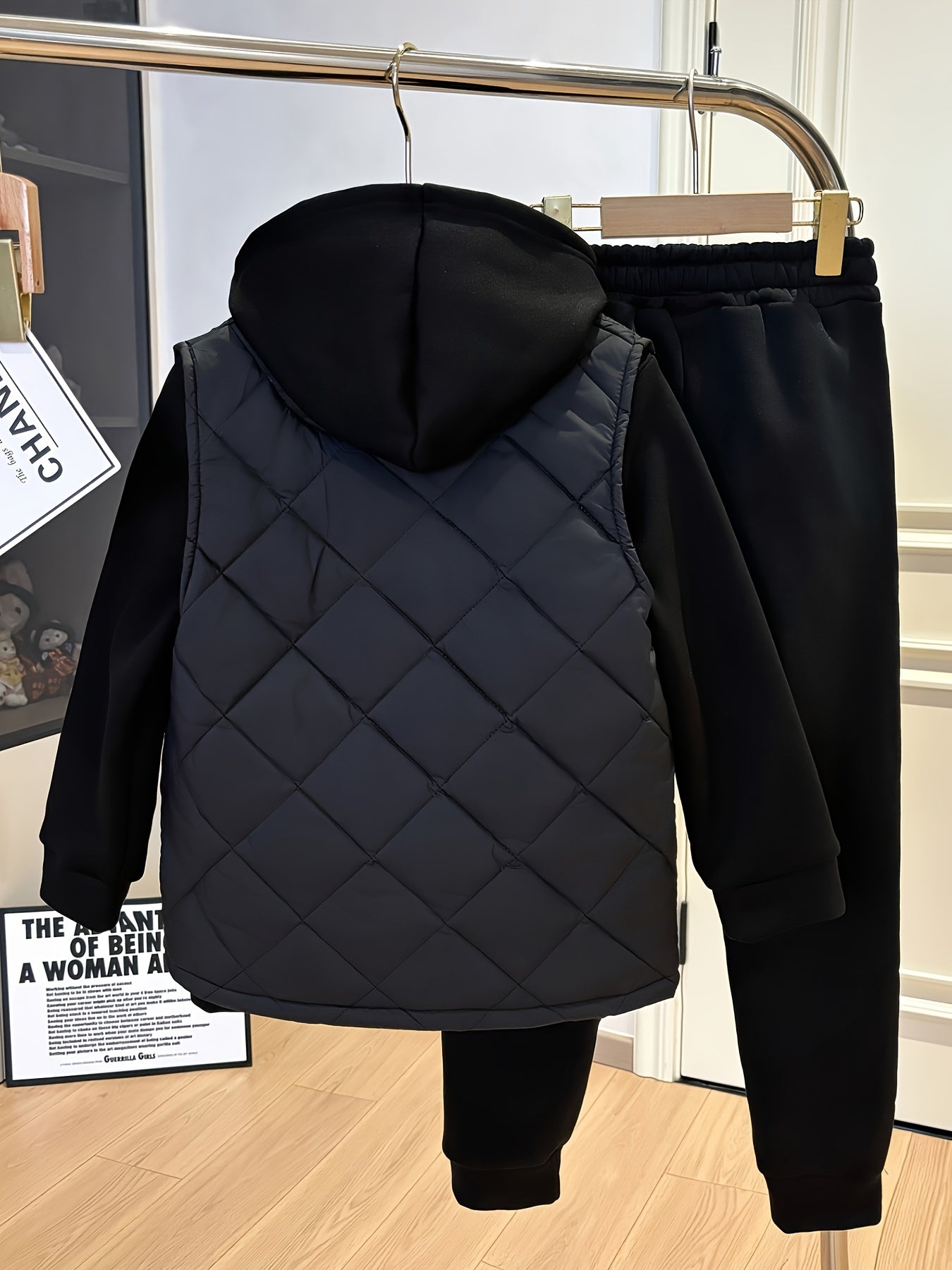 3pcs Boys' Winter Thermal Full Set - Thick Zip-Up Vest, Hooded Sweatshirt & Full-Zip Pants Jacket with & KING Logo Print (Black) - Loose-Fit Cold Weather Outfits for &, Machine Washable, Perfect for Outdoor