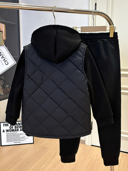 3pcs Boys' Winter Thermal Full Set - Thick Zip-Up Vest, Hooded Sweatshirt & Full-Zip Pants Jacket with & KING Logo Print (Black) - Loose-Fit Cold Weather Outfits for &, Machine Washable, Perfect for Outdoor