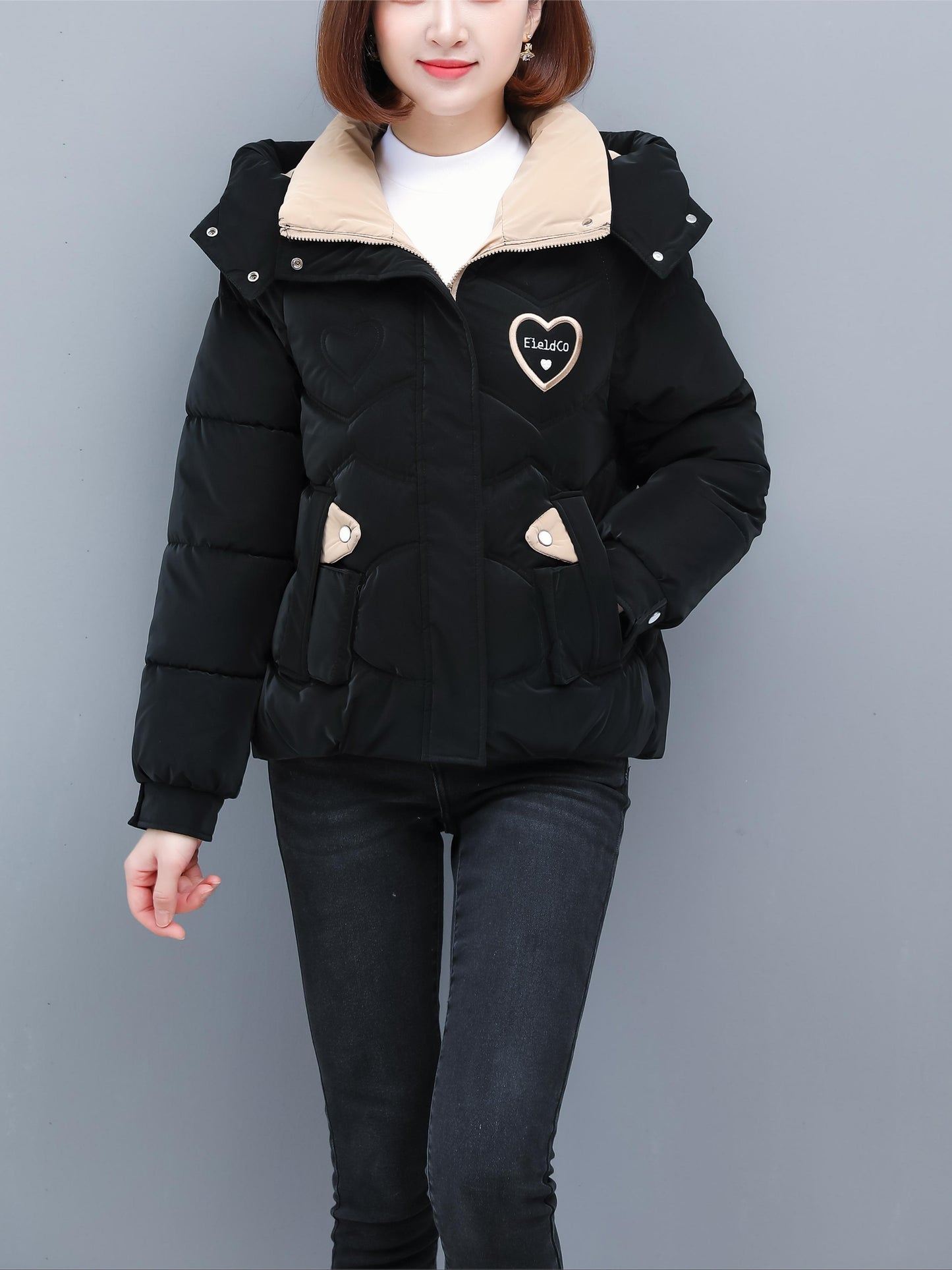 Women's Winter Hooded Jacket - Stylish Beige & White Zip-Up Coat with Heart Design, Warm Polyester Outerwear for Casual or Chic Looks, Winter Jacket